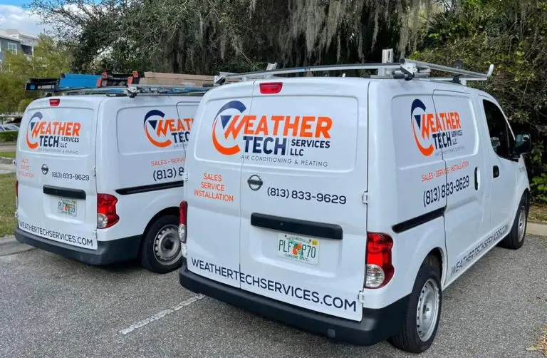 Fleet of Weather Tech Services vans lined up, ready to deliver expert air conditioning repair and installation services. Affordable AC Repair Tampa