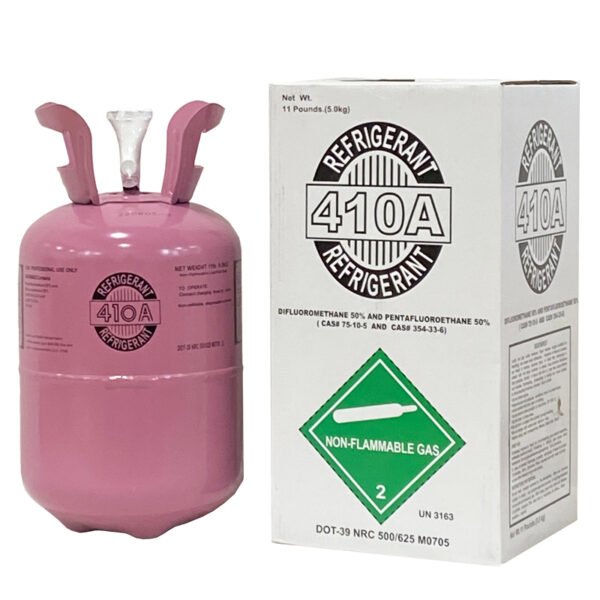 R-410A refrigerant canisters with labels visible, used in modern air conditioning systems.