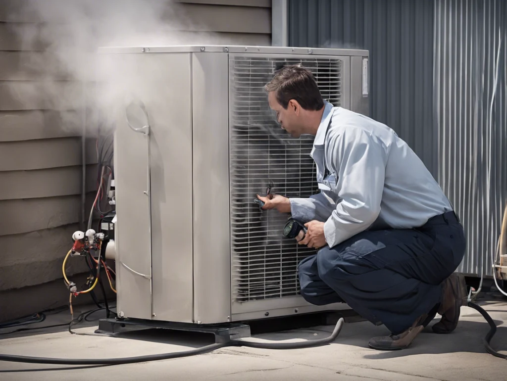 Freon leaking from air conditioning unit, being detected by Weather Tech Services Technician